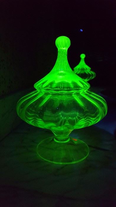 Uranium/Vaseline glass pedestal bowl/lid.