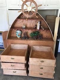 Custom built boat bed. Full size with adorable headboard, footboard, side rails, and 6 under bed storage drawers with wheels. Great piece!
