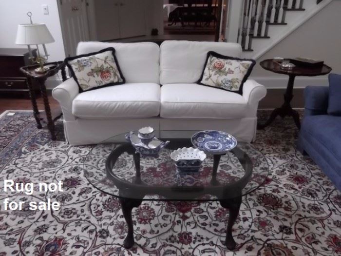 Sofa, Decorative Pillows, Wood & Glass Coffee Table  with Decorative Serving Pcs.
