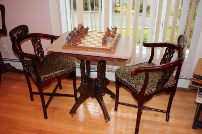 Marble Topped Table with 2 Chairs & Chess Set