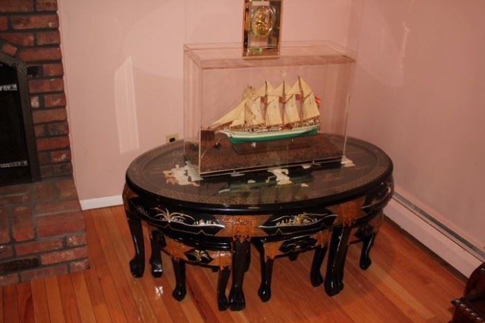 Low Oval Table with Nested Stools with Asian Flair and Ship Model 