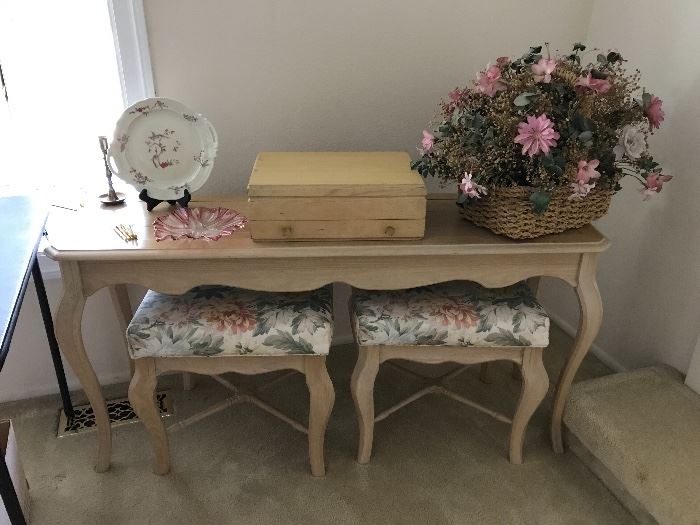 Console Table with Benches, Rogers Bros "Eternally Yours" Silverware Set, Etc
