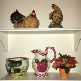 Assorted décor, including rooster and chicken collection.