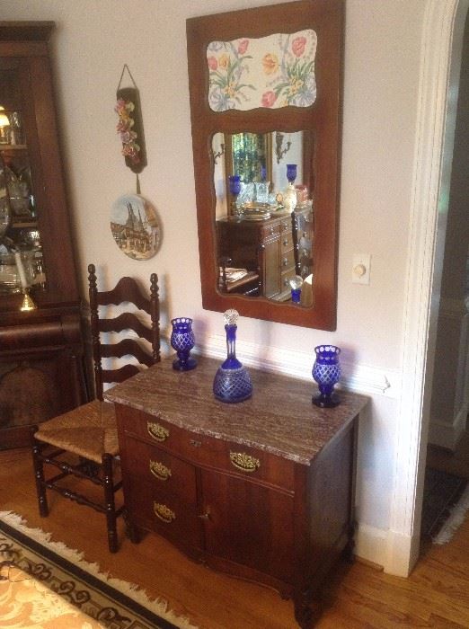Antique marble top side cabinet. 