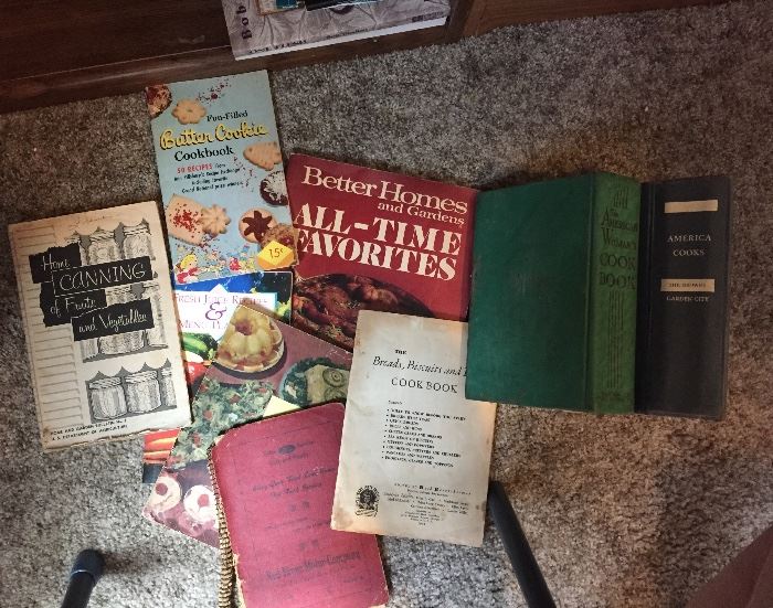 Cookbooks.  Vintage - new.  Dozens of all kinds of books.  Especially religious, bibles, study, teaching tapes.  Bookcases.