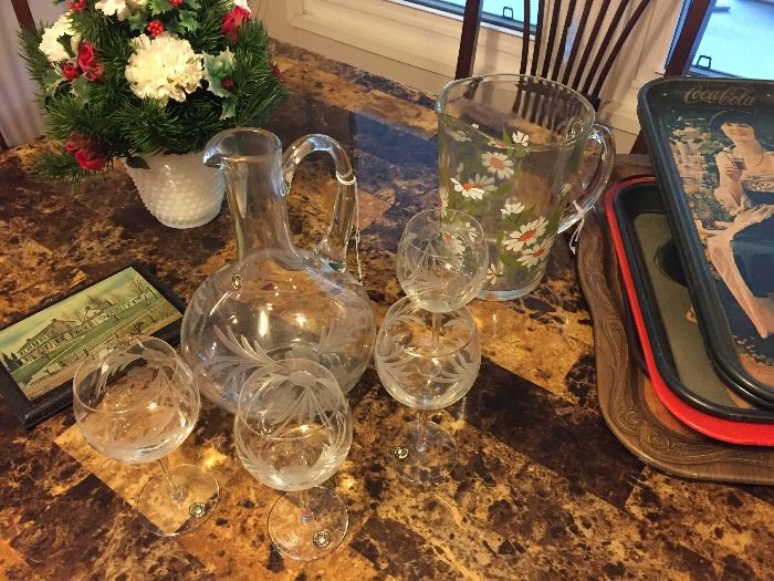 Etched glass pitcher and stemware.  Daisy pitcher 