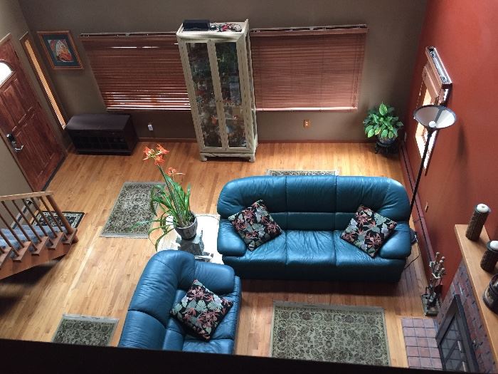 Leather couches, area rugs, accent decor pieces