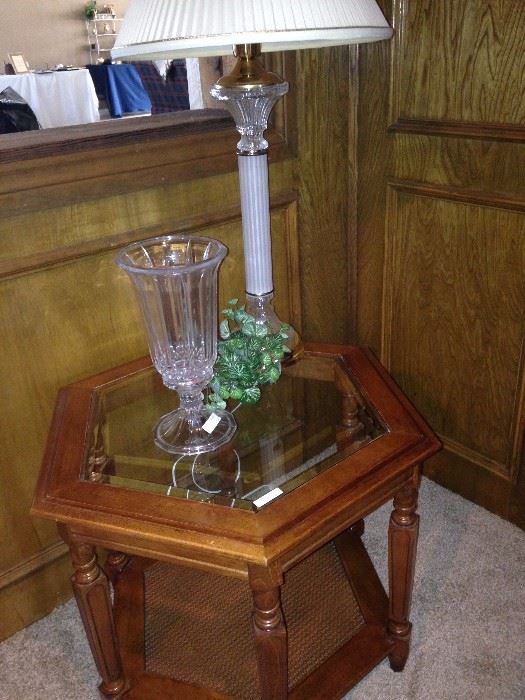 Hexagonal glass top side table; another lamp 