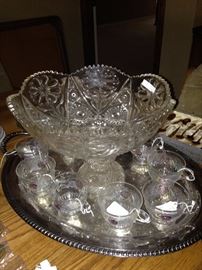 Punch bowl & punch cups on oval silver plate tray 