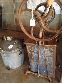 Very old pressure cooker; antique churn