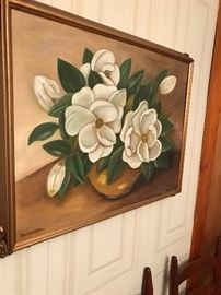 A beautiful well framed hand painted magnolia still life.