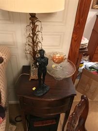 One of two 1960's Italian gold leaf lamps with crystal drops. Depression glass throughout the house and one of two great small mahogany side tables. This sale is packed with goodies!