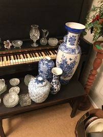 Blue and white. Oriental style vases and a ginger jar or two. Great pieces and good color. Many pieces of crystal and cut glass throughout the house.