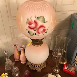 Another view of the Victorian style lamp. Bud vase collection. and a pair of Red Wing vases. How about a couple of crystal bells?