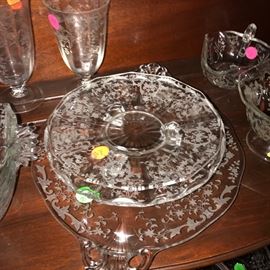 Beautiful Navarre Fostoria serving plates and other serving pieces. Lots of beautiful stemware pieces as well. Check out the water glasses.
