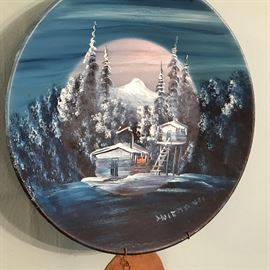 Hand painted plate. Northern lights. A night in Alaska.