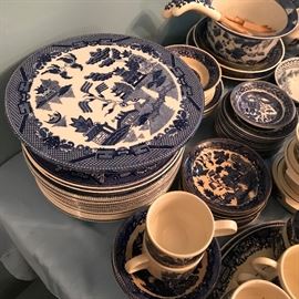 Blue willow pieces. Many different makers and periods. Mix and match. Great time to start a collection or add to one. Pieces from England, Japan, China and makers like Churchill.