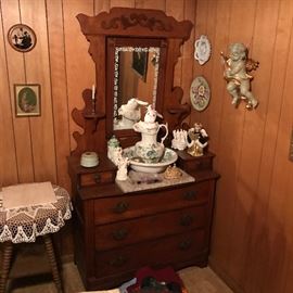 Great looking old Victorian dresser. Bowl and pitcher along with decorative accessories