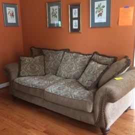 heather green sofa by Allen White, Shannon, MS, loose seat and pillow back cusions 