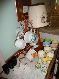VINTAGE MUGS, EGG CUPS, LAMP