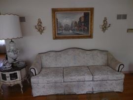 Traditional Silk Brocade Floral Clayton Marcus Furniture Sofa. French Mahogany Top Occasional Table with Lattice Doors. Hand Painted Italian Glass Lamp Original Shade. MCM Scene Market France. Purchased in Paris