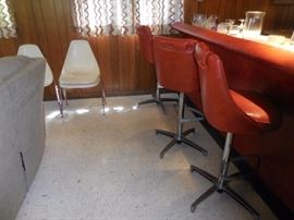 Mid Century Chrome Craft Burnt Orange Tufted, Bar Stools, Foot Rest, Swivel