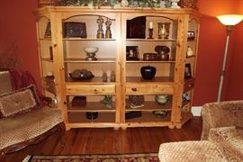 Upholstered chair, ottoman and love seat. Pine 4-piece wall unit, home decor items