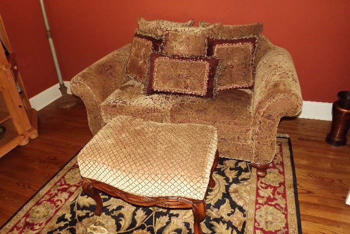 Upholstered love seat, upholstered ottoman