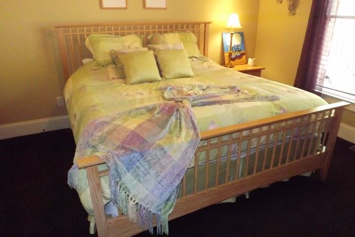 King sized mission style bed (includes box spring, mattress, pillows and linens)