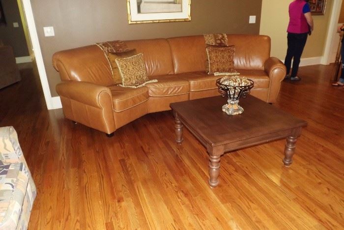 Leather sofa, solid wood coffee table