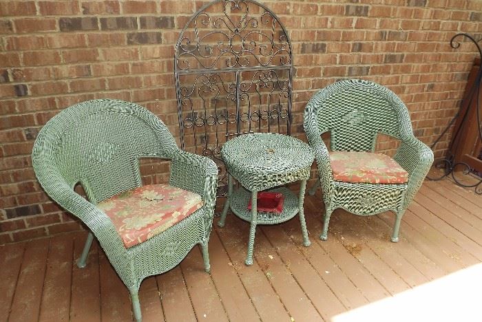 Wicker chairs (2-available) and small table, metal wall art-SOLD
