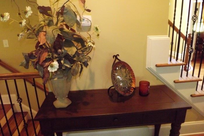 Solid wood console table, faux flower arrangement