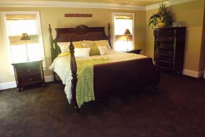 Master bedroom suite with 4-poster bed, night stands (2), chest of drawers, armoire, tv console table