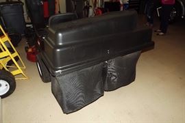 Detail of the bag attachment on the Toro riding lawn mower