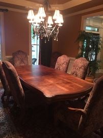 Haverty's double pedestal dining room table with two leaves, 8 chairs (2-arm chairs, 6-high back chairs), marble topped buffet server. It is in absolutely immaculate condition. 