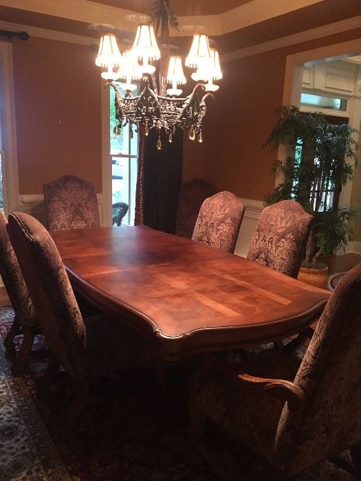 Haverty's double pedestal dining room table with two leaves, 8 chairs (2-arm chairs, 6-high back chairs), marble topped buffet server. It is in absolutely immaculate condition. 