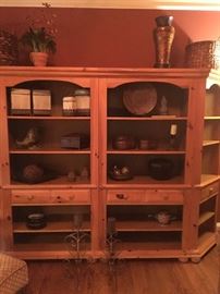 4-piece pine bookshelf or wall unit, assorted home decor items