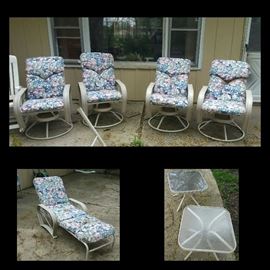 Sunbeam Patio Furniture. 4 Chairs, 1 Chaise, 2 end tables, 1 glass top dining table with umbrella all with cushions and cover