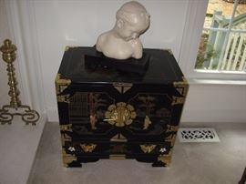 Chinese chest - inlaid and painted with interior drawers. Demure girl bust on stand.