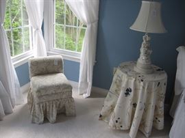 Petite boudoir vanity seat and side table