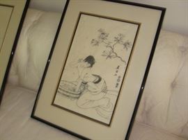 Pair of Japanese pictures of bathing ladies.