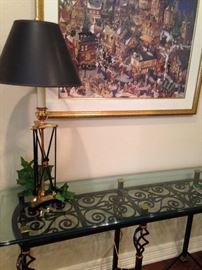 Glass top sofa table; lamp with black shade; Dickens village framed puzzle