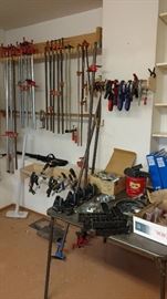 Assorted woodworking clamps. 