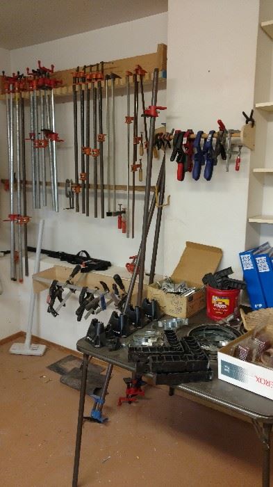 Assorted woodworking clamps. 