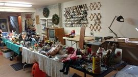 Holiday decor:  Christmas, Halloween, Easter, assorted tables for woodworking. 