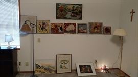 Framed needlepoint - many featuring cats.  Antique lamp