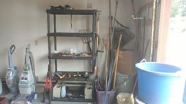 Assorted gardening tools, two carpet cleaners and carpet cleaning solutions. 