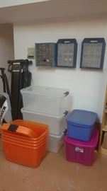 Bins, hardware storage cabinets. 