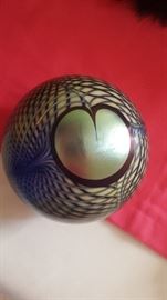 Signed Correia Paperweight. Iridescent blue/peacock design; stunning!