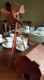 Primitive toy barn and windmill